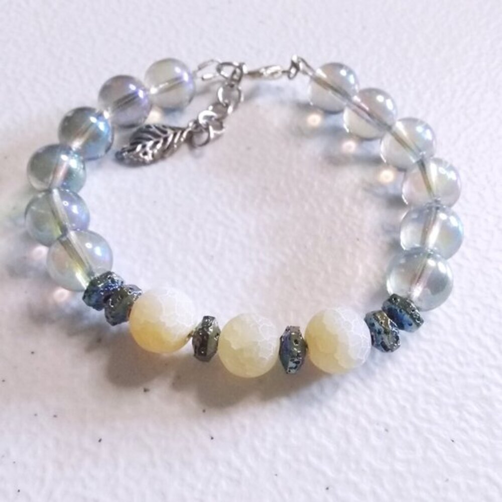 Frosted Yellow Dragon-Vein Agate & Shimmering Iridescent Glass Bead Bracelet